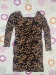 Brown Clr Dress With Black Print