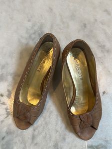 Stylish Peep Toes Beige Colour Leather Wedges