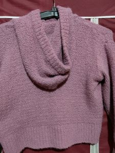 Purple Woolen hooded Crop Hoody