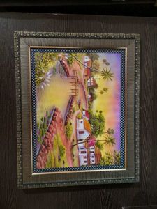 Framed Village Scene Painting
