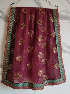 Burgundy & Gold Embellished Dupatta With Border