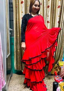 Readymade Red Ruffle Saree with Black Shiny Border