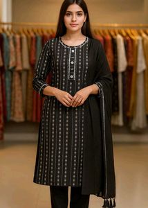 Black &amp; White Striped Kurti Set