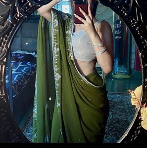 ✨ Elegant Olive Green Embellished Saree ✨