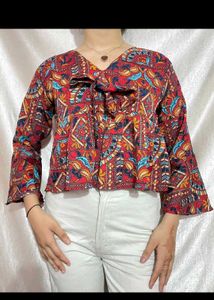 Patterned Tie-Front Top