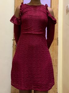ONLY Burgundy Lace Cold Shoulder Dress