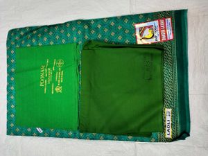 Green Cotton Printed Saree With Blouse &amp; Peticoat