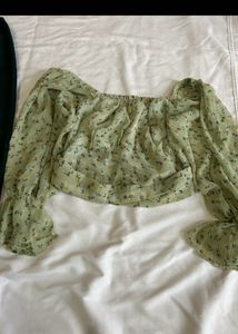 Green Printed Crop Top And A-line Skirt