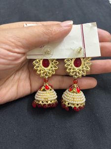 Pearl Beaded Red Jhumki