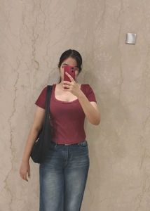 Y2K Burgundy Ribbed Lace Trim Slim Top