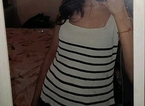 Black and White Striped Ribbed Knit Tank Top