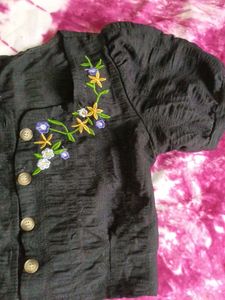 Black Embroidered Button-Up Top
