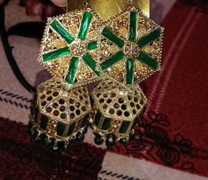 Green &amp; Gold Jhumka Earrings