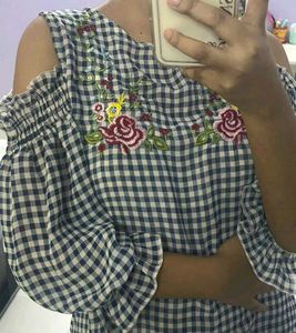 Gingham Embroidered Top
