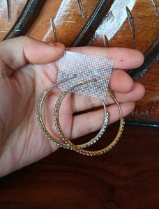 Golden Hoop Earrings With Silver Rhinestones 💛