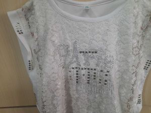 White Lace And Blue Top with Rhinestone Detail
