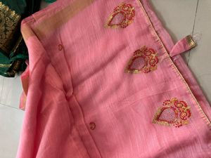 Pink Linen Saree with Embroidered Border