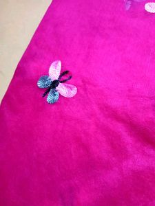 Pink Butterfly Cotton Silk Saree With Gray Blouse