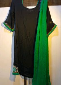 Black &amp; Green Embroidered Suit And Dupatta