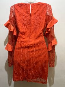 Koovs Branded Orange Ruffle Long Sleeve Dress