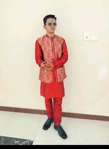 Men's Red Kurta Set with Jacket