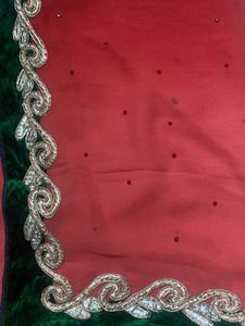 Red & Green Embellished Saree Fabric
