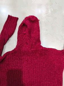 Red crop Knit Hoodie