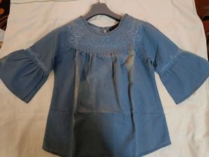 Blue Embroidered Ruffle Denim Top