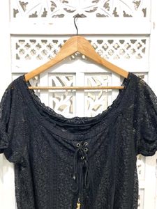 Boho Black Lace Peasant Top  C