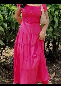 Magenta Smocked Tiered Midi Dress