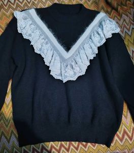 Elegant Black Sweater with Lace Detail