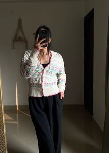 Zara Floral Jacquard Embroidered Knit Cardigan