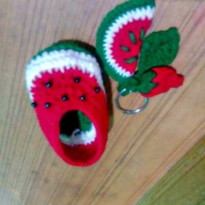 Crochet Watermelon Baby Booties &amp; Keychain