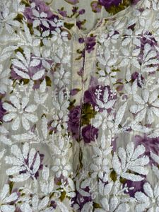 Floral Printed Lavender White Chikankari Lucknowi
