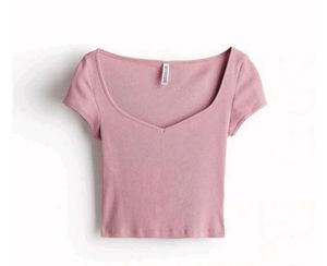 Pink Ribbed V-Neck Crop Top