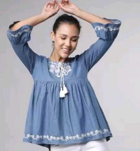 Denim Blue Embroidered Tunic Top