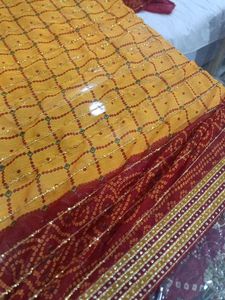 Yellow &amp; Red Bandhani Saree (Issue)