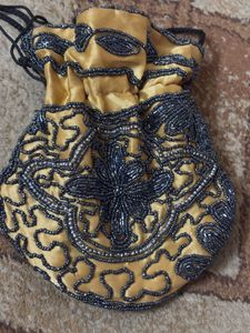 UNUSED Black Glass Beaded POTLI Drawstring Pouc