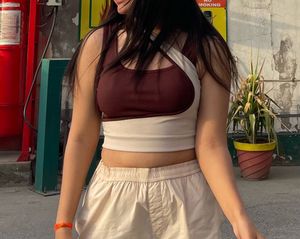 Two Color Ribbed Trending Brown Top