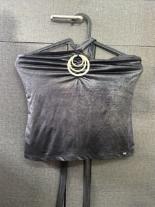 A Charcoal Black Strapless Halterneck Top.