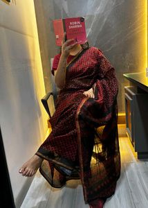 Red & Black Block Print Saree