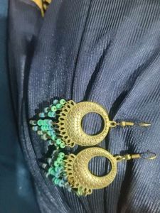 Silver Jhumkas With Blue Beeds.