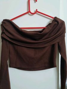 Brown Off-Shoulder Long Sleeve Top