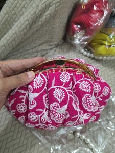 Pink Embroidery Potli Clutch With Pearl Handle