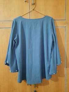Blue Kaftan Pearl Studded Flared Sleeves Top