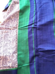 cotton blend, cream saree with blue print and blue and green border, new with blouse piece attached