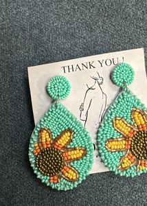 Beaded Sunflower Teardrop Earrings