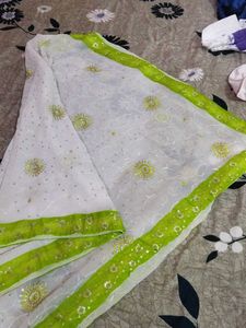 Festive Wear White And Light Green Fancy Dupatta