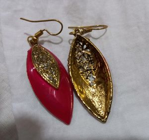 Magenta Color Earrings With Gold Design