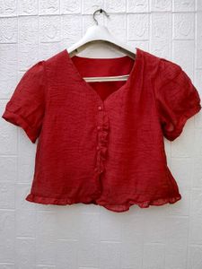 New with tag Chic Red Ruffled Button-Down Top